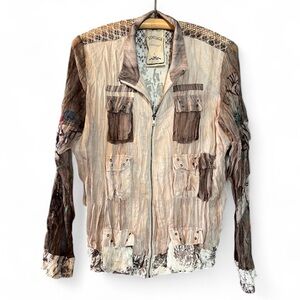 Vintage Mixed Textile Jacket Sheer Tattoo Arms Zip-Up Lace Yoke Art To Wear BOHO